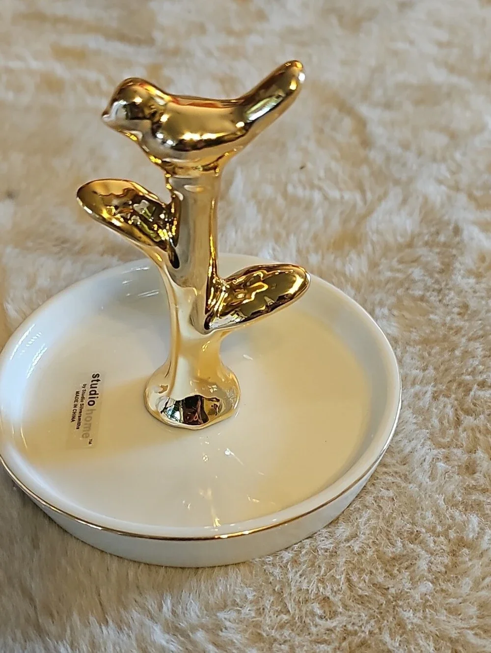 Gold & White Bird Ring Holder - Fine Porcelain